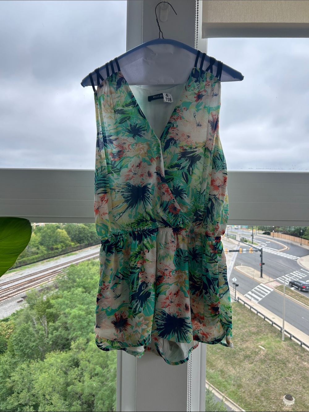 Wells Grace Green and Cream Floral Sleeveless Surplice Romper
